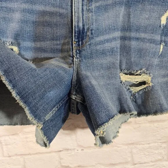 Y Wrangler Women's 4&quot; Frayed Jean Shorts Destroyed Sky Light Blue NWT Size 14 32